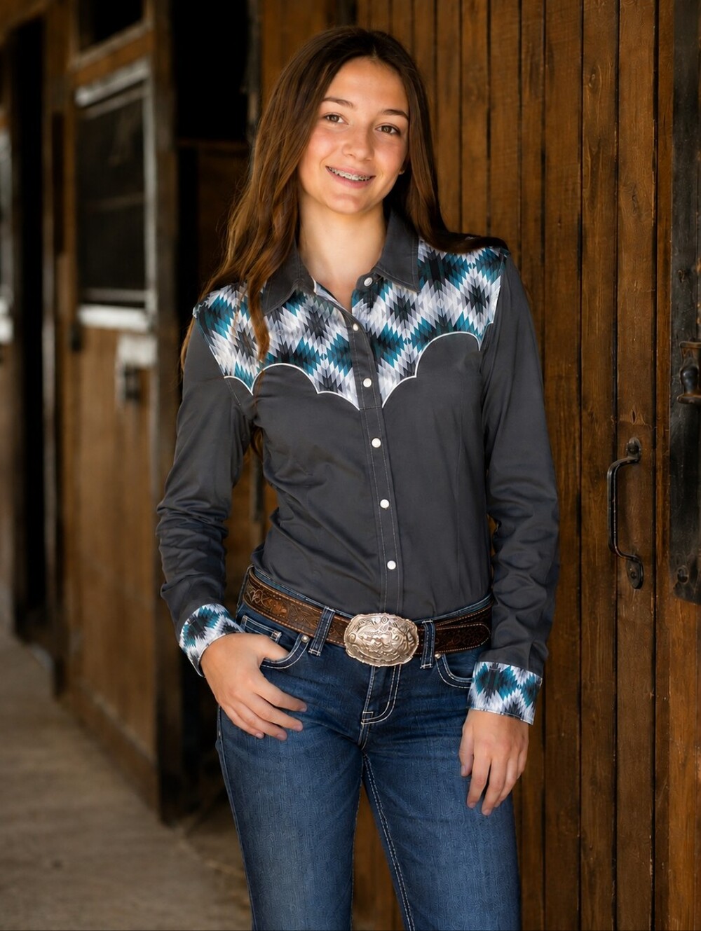 RANCH DRESS'N Fallon Taylor "Brayden" charcoal gray Performance rodeo shirt szXL